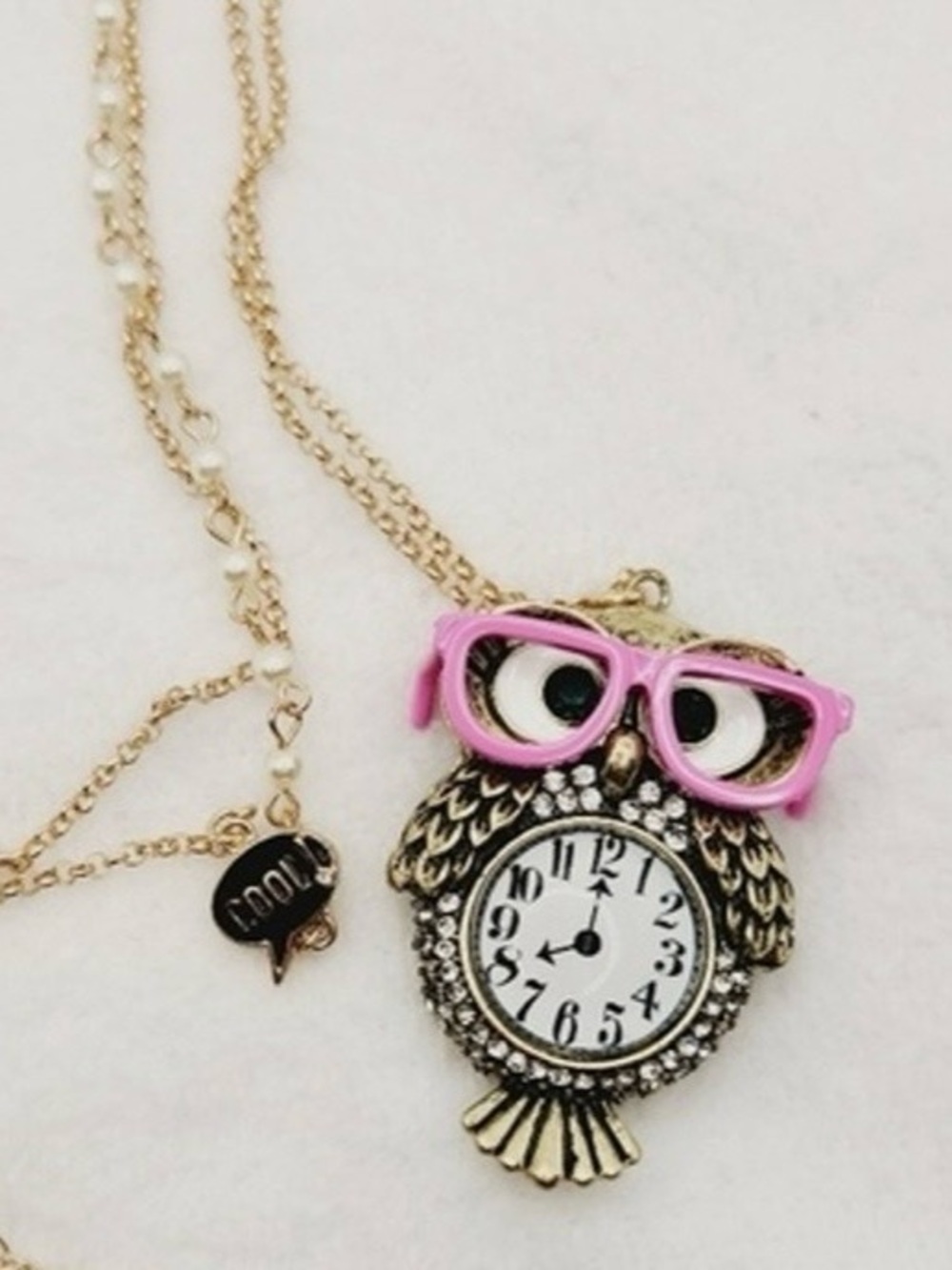 Betsey Johnson Gold-Tone Owl Necklace with Pink Glasses